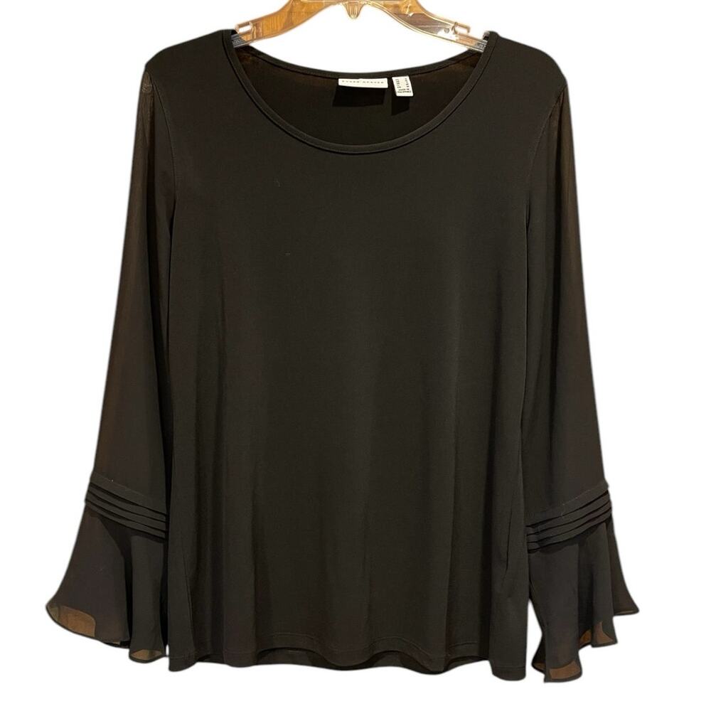 Susan Graver Size Small Black Liquid Knit Top Sheer Chiffon Sleeves Bell Cuffs